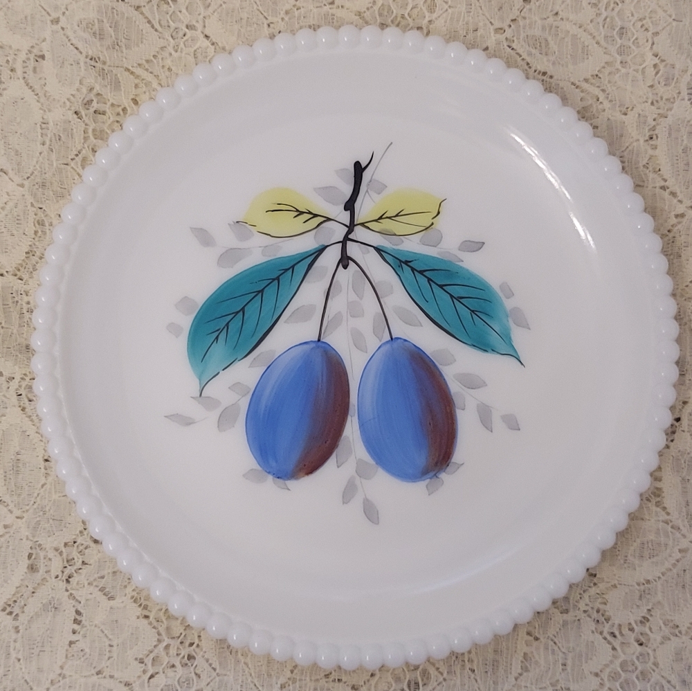 Vintage Westmoreland Milk Glass Handpainted Plate with Plums Wall or Shelf Decor